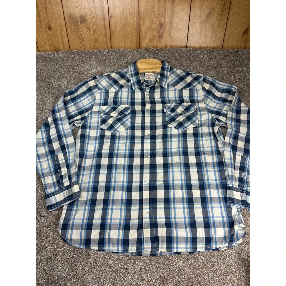 Levi's Men's 2XL Pearl Snap Button Long‎ Sleeve Blue Plaid Western Shirt